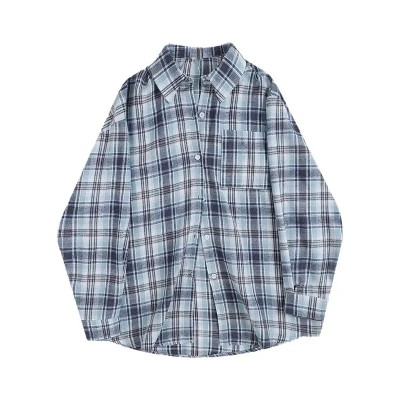 Women American Plaid Cotton Shirt Dark Blue Jacket Set