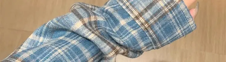 Women American Plaid Cotton Shirt Dark Blue Jacket Set — feature 22