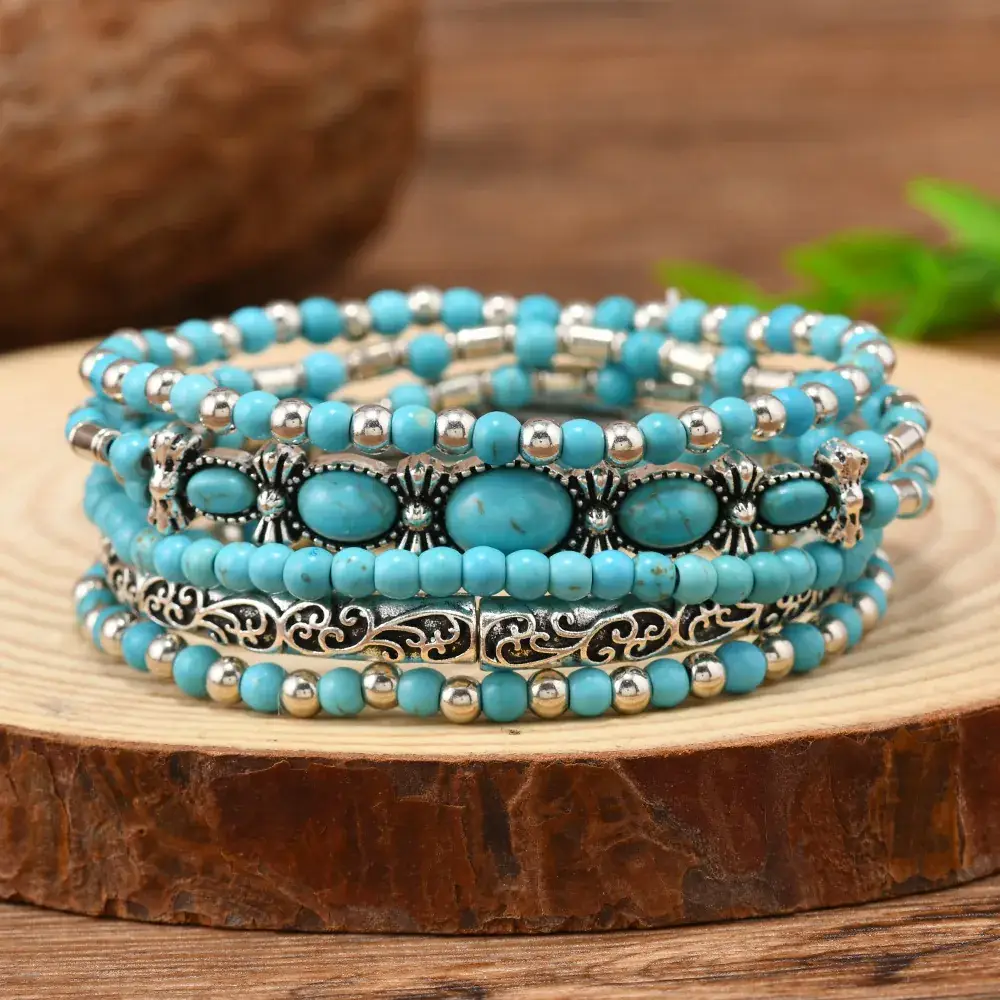 Turquoise Wooden Beads 5-Piece Bracelet Set with Bull Head Pendant - Image 5
