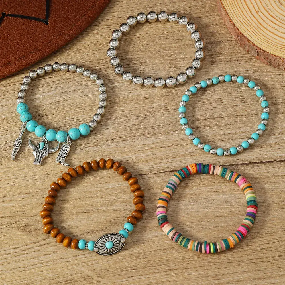 Turquoise Wooden Beads 5-Piece Bracelet Set with Bull Head Pendant — feature 10