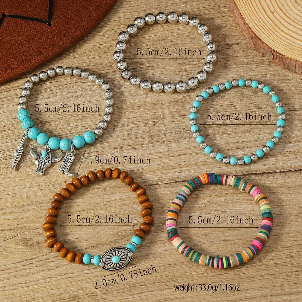 Turquoise Wooden Beads 5-Piece Bracelet Set with Bull Head Pendant — feature 12