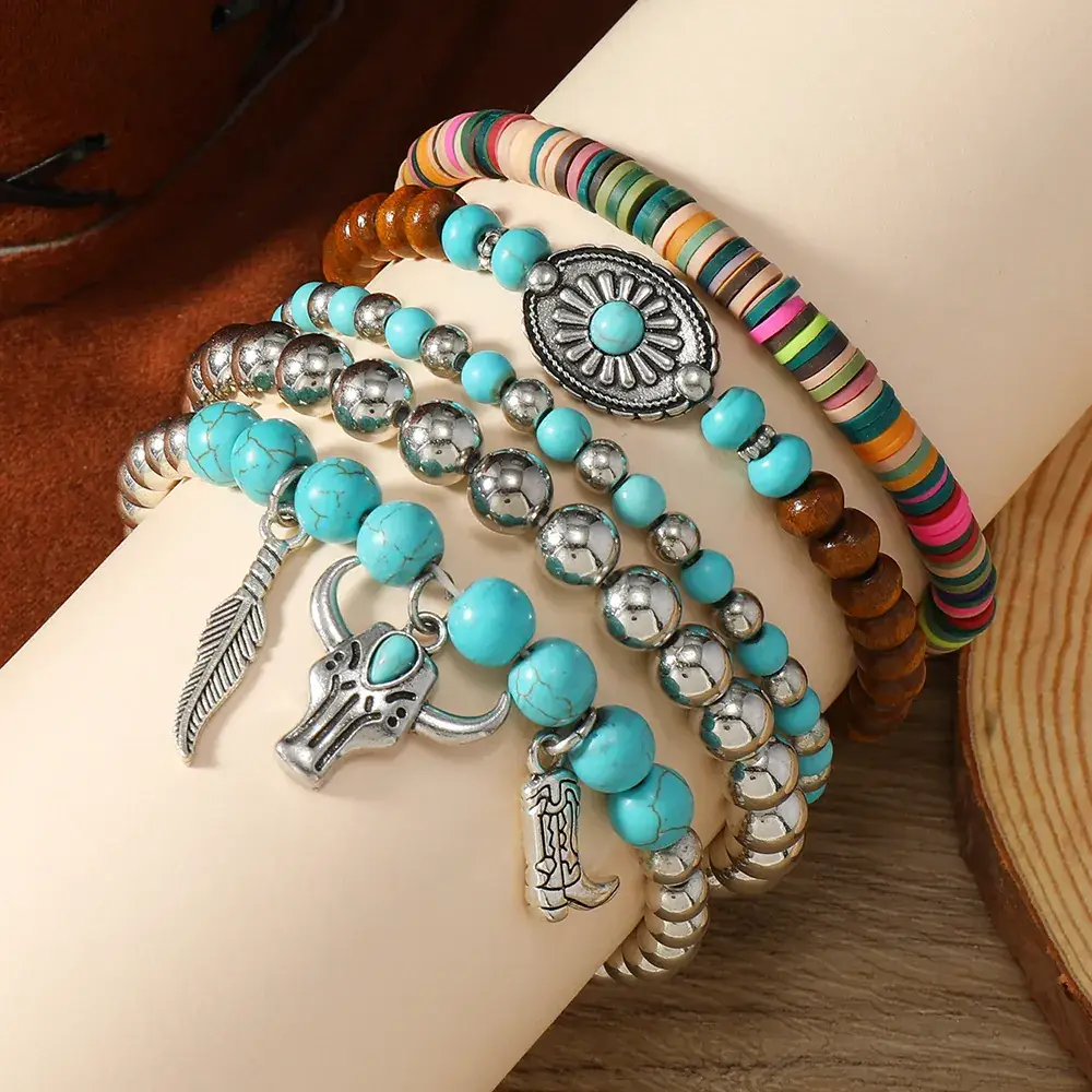Turquoise Wooden Beads 5-Piece Bracelet Set with Bull Head Pendant — feature 13