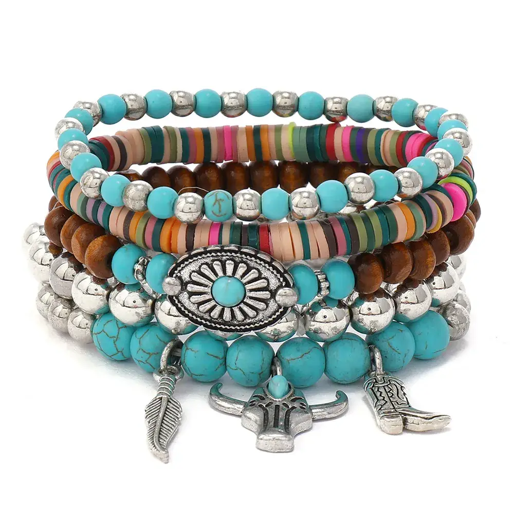 Turquoise Wooden Beads 5-Piece Bracelet Set with Bull Head Pendant — feature 14