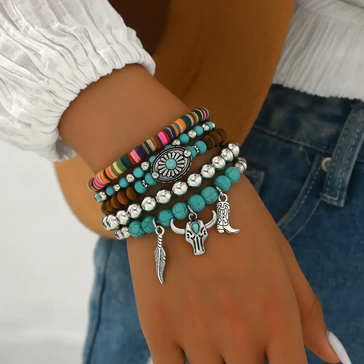Turquoise Wooden Beads 5-Piece Bracelet Set with Bull Head Pendant — feature 4