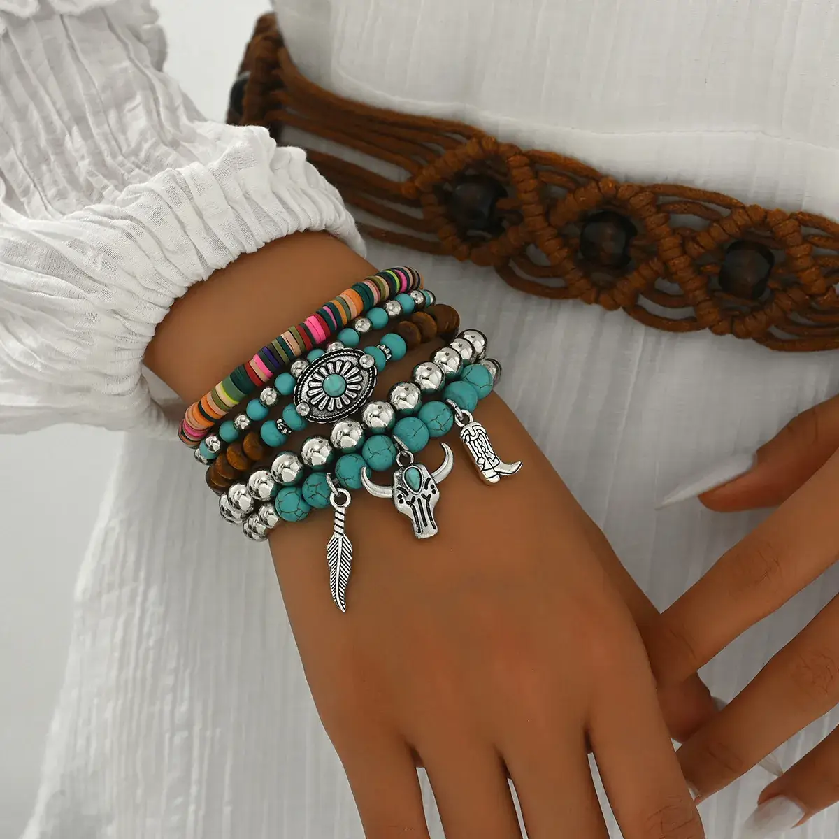 Turquoise Wooden Beads 5-Piece Bracelet Set with Bull Head Pendant — feature 6