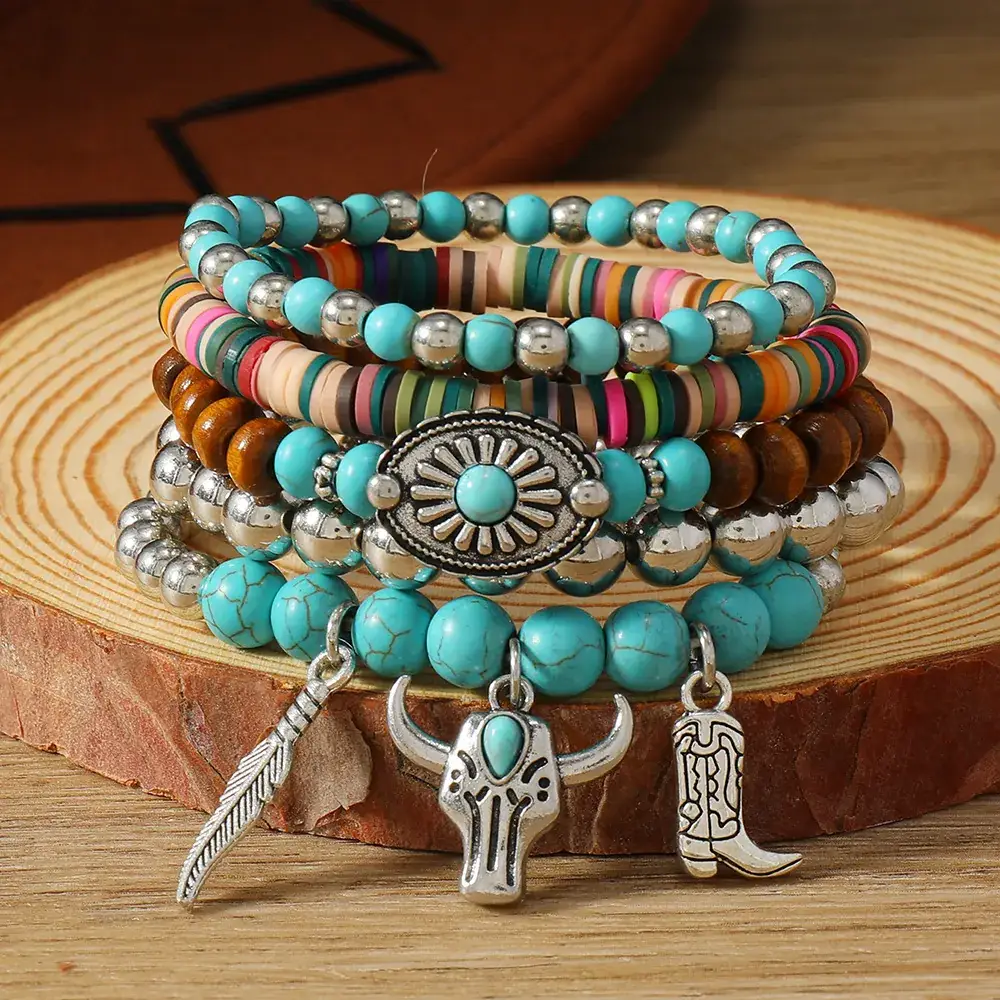 Turquoise Wooden Beads 5-Piece Bracelet Set with Bull Head Pendant — feature 8
