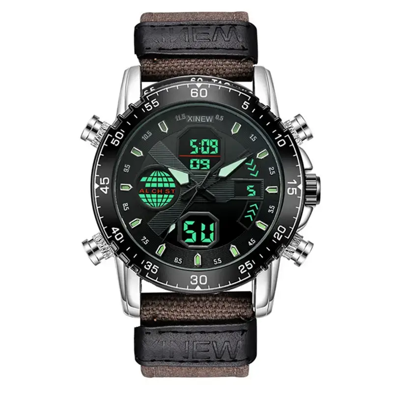 Men's Dual Time Sports Watch with Green Digital Display