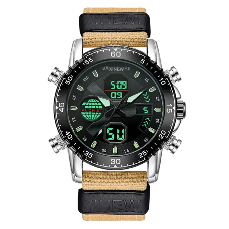 Men's Dual Time Sports Watch with Green Digital Display