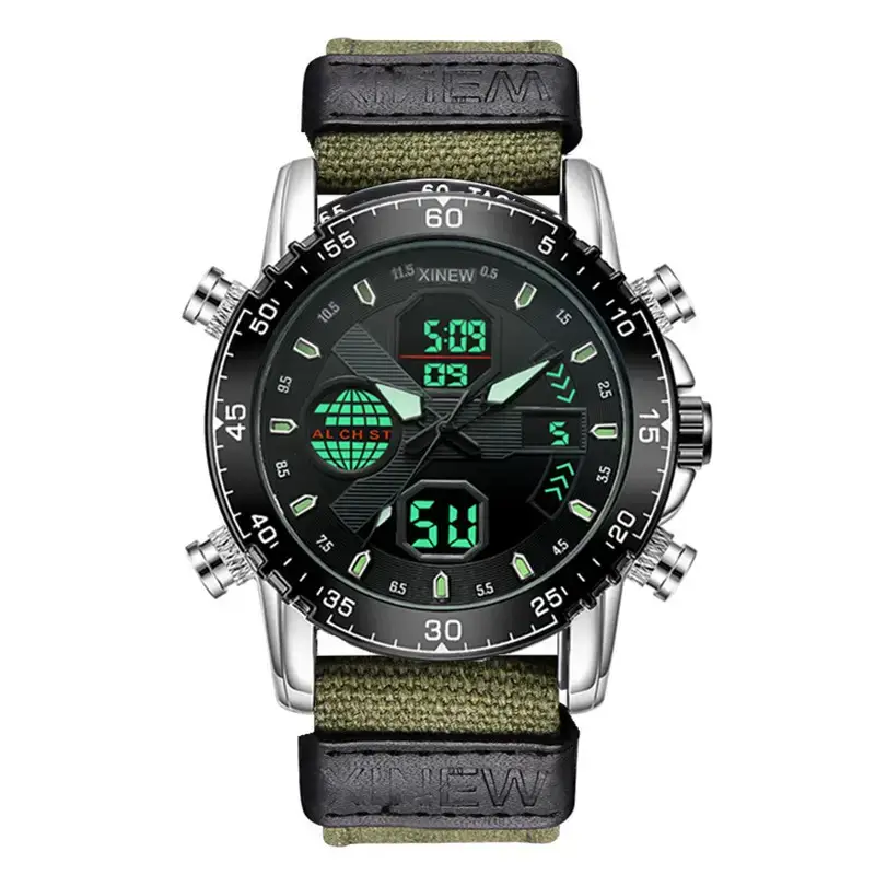 Men's Dual Time Sports Watch with Green Digital Display
