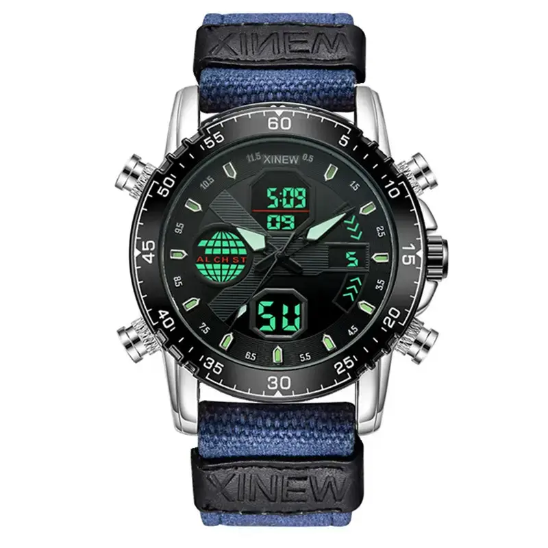 Men's Dual Time Sports Watch with Green Digital Display
