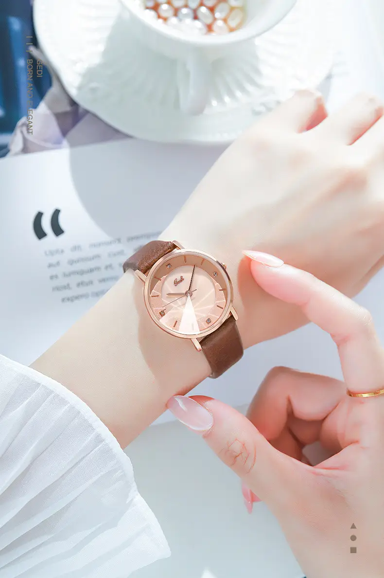 Women's Rose Gold Quartz Watch with Brown Leather Belt — feature 6