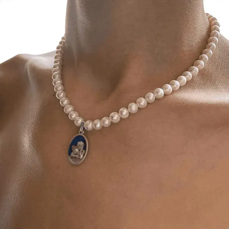 Men's Pearl Clavicle Necklace with Blue Pendant - Image 4