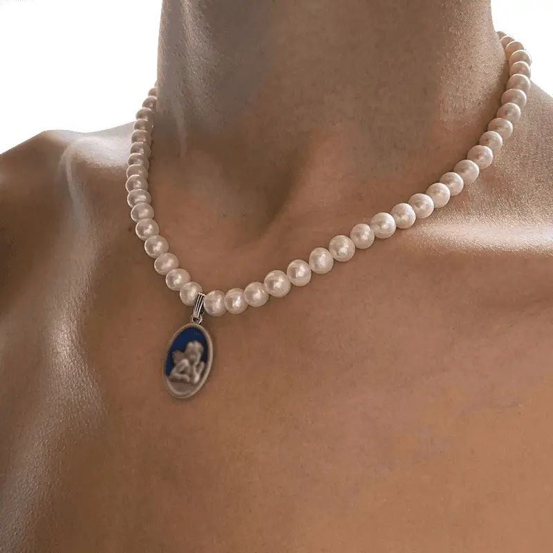 Men's Pearl Clavicle Necklace with Blue Pendant — feature 1