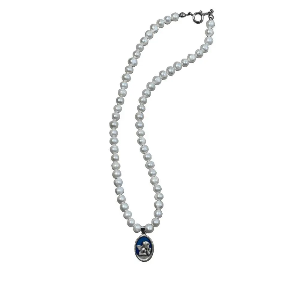 Men's Pearl Clavicle Necklace with Blue Pendant — feature 8