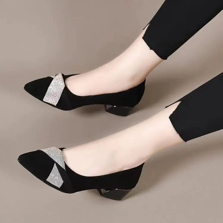 Elegant Slip-on Shoes Women's Autumn 2024 New Coarse Heel Soft Bottom Pointed Shallow Mouth Comfortable All-match Work Shoes for Women — feature 1