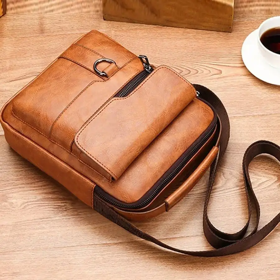 Men's Brown Leather Crossbody Shoulder Bag — feature 7
