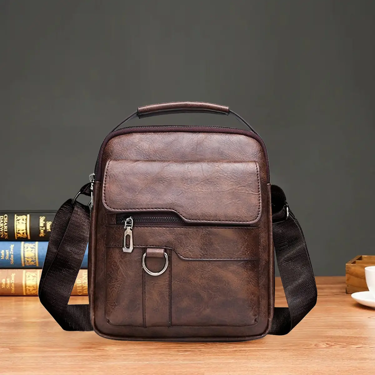 Men's Brown Leather Crossbody Shoulder Bag