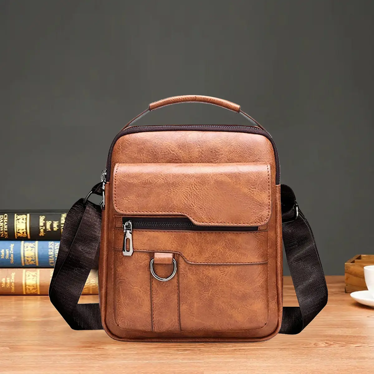 Men's Brown Leather Crossbody Shoulder Bag