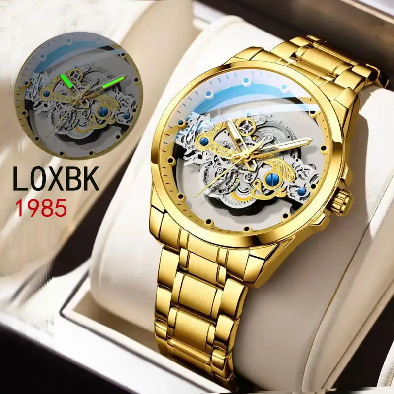 Men's Luxury Mechanical Watch with Red Leather Band - Image 2