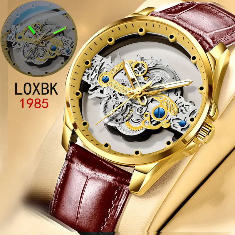 Men's Luxury Mechanical Watch with Red Leather Band - Image 5