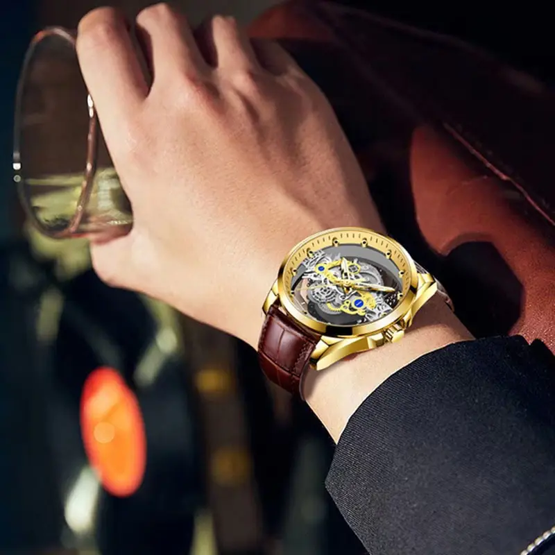 Men's Luxury Mechanical Watch with Red Leather Band — feature 7