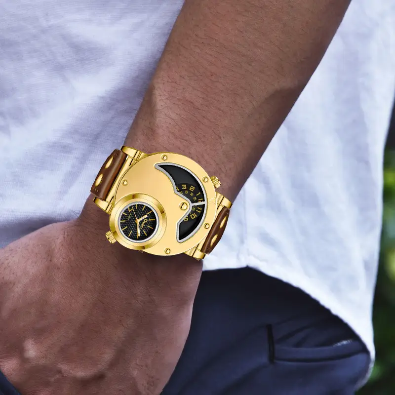 Men's Gold Quartz Watch Large Dial Brown Strap Sports Watch - Image 5
