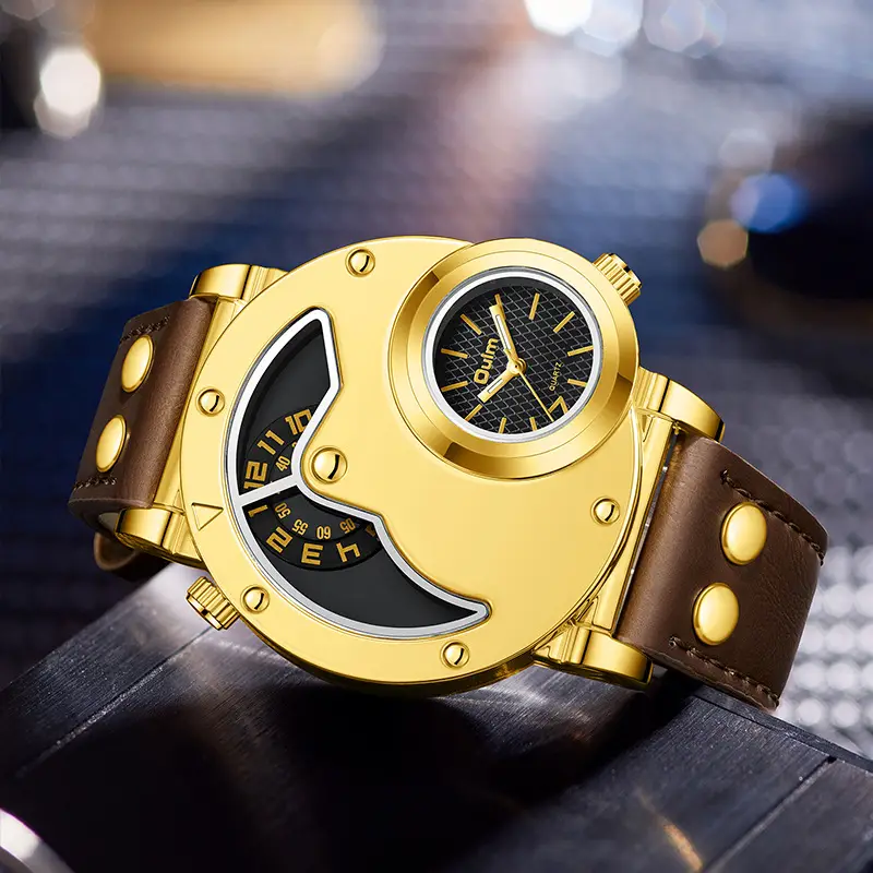 Men's Gold Quartz Watch Large Dial Brown Strap Sports Watch — feature 11