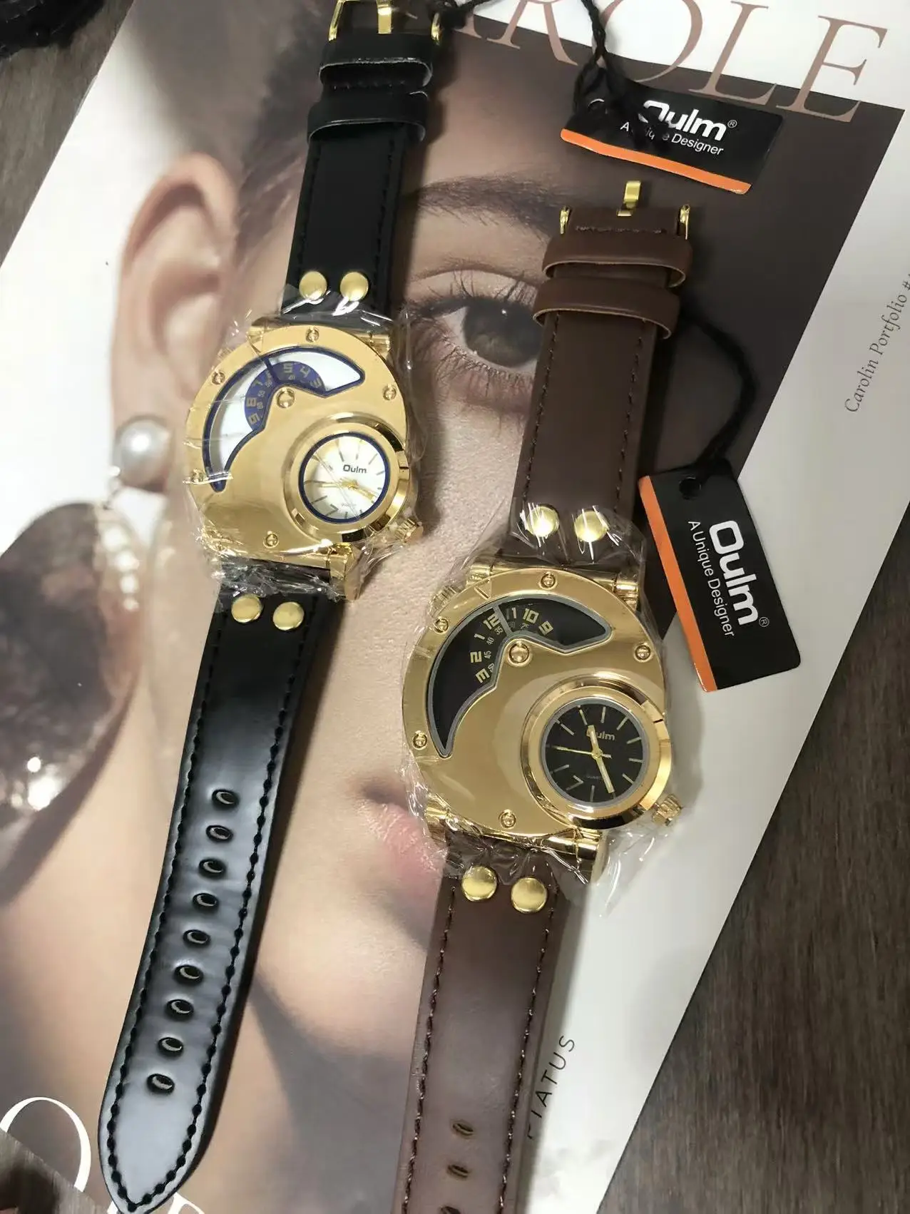Men's Gold Quartz Watch Large Dial Brown Strap Sports Watch — feature 3