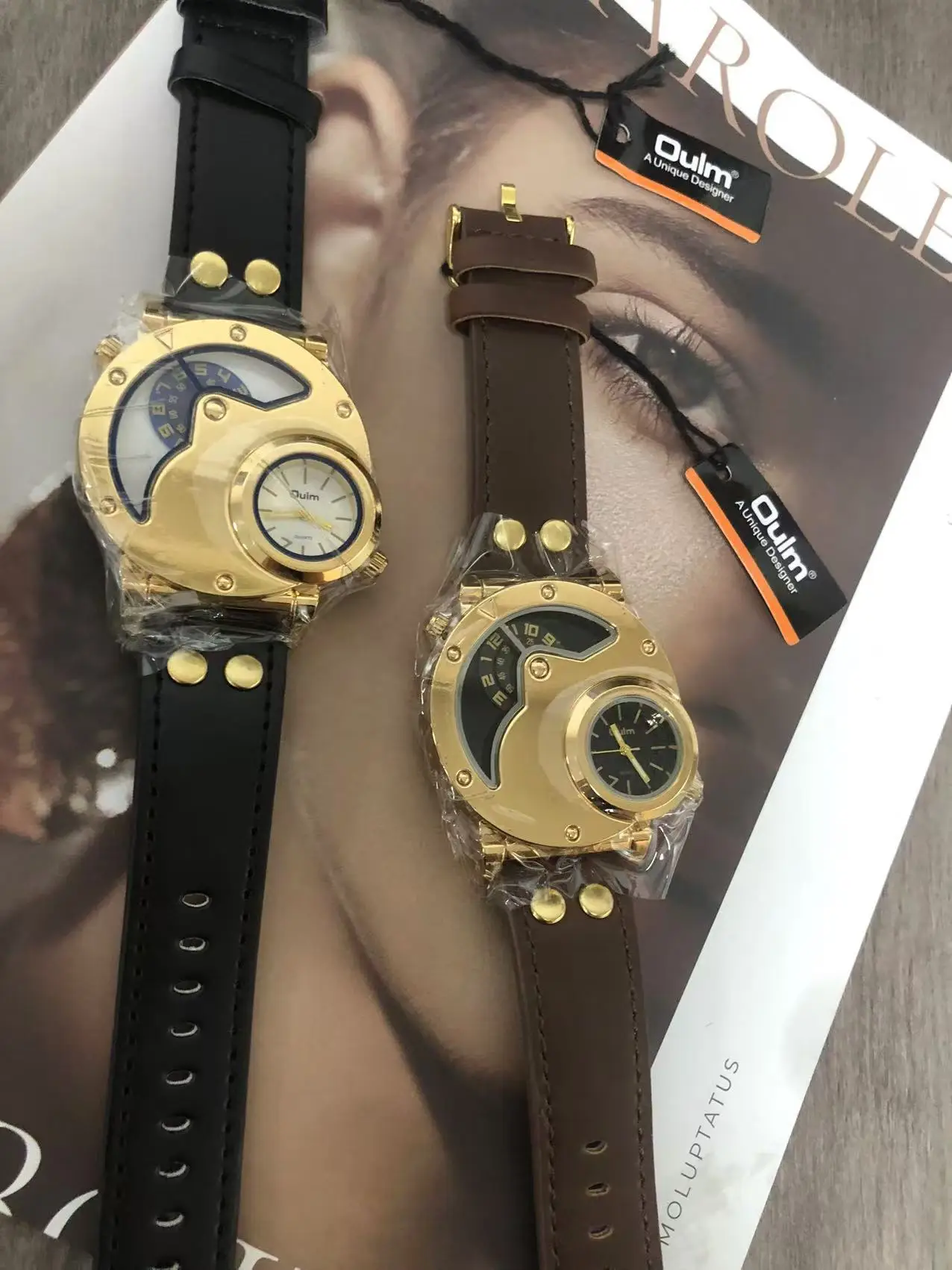 Men's Gold Quartz Watch Large Dial Brown Strap Sports Watch — feature 4