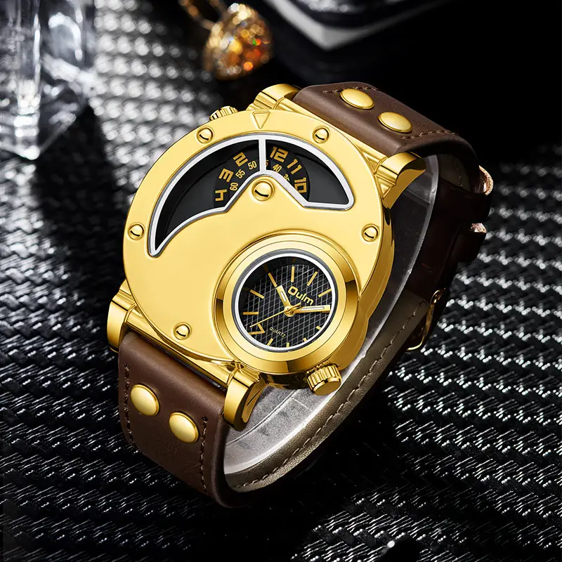 Men's Gold Quartz Watch Large Dial Brown Strap Sports Watch — feature 8