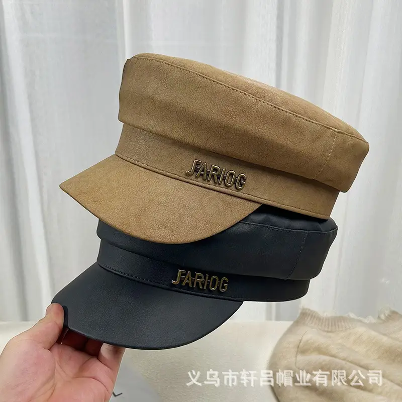 Women's Letter Label Flat Cap Navy Leather Duck Tongue Hat - Image 4