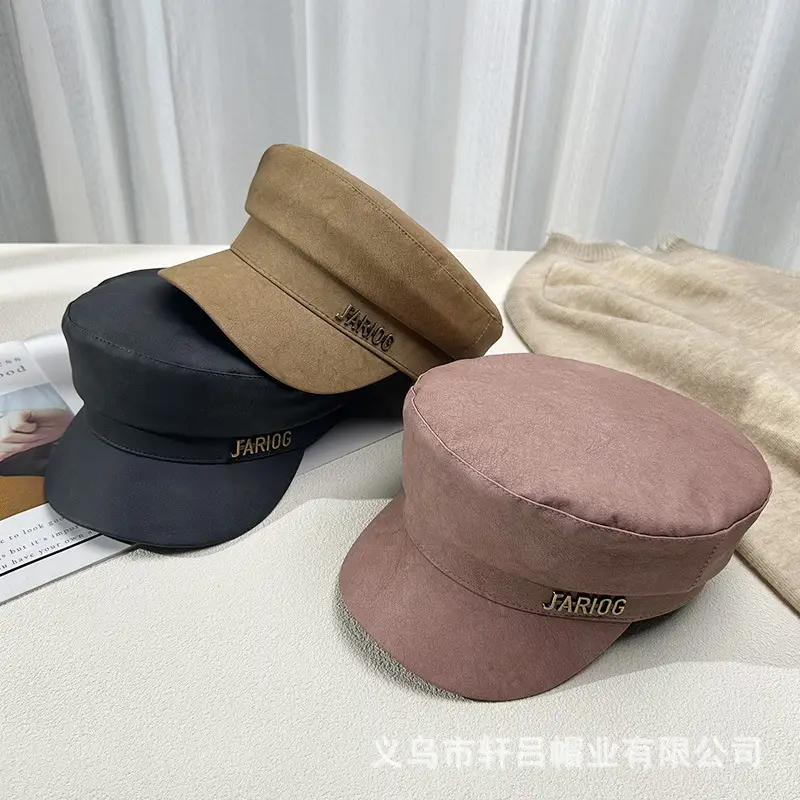 Women's Letter Label Flat Cap Navy Leather Duck Tongue Hat - Image 5