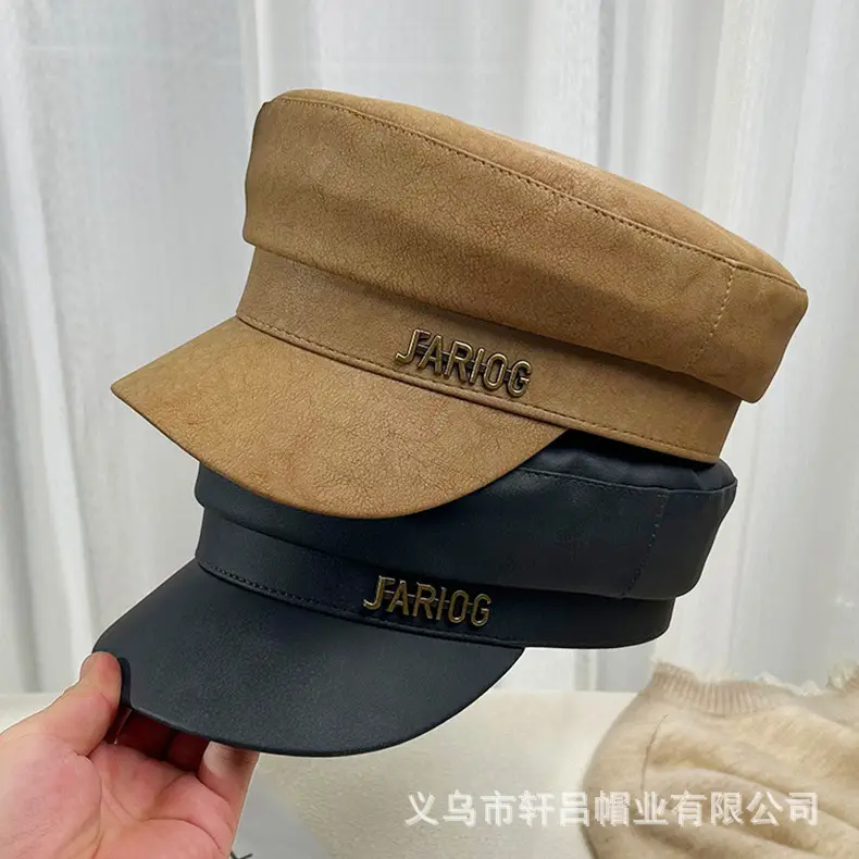 Women's Letter Label Flat Cap Navy Leather Duck Tongue Hat — feature 25