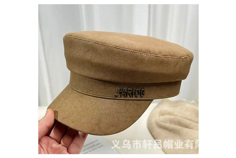 Women's Letter Label Flat Cap Navy Leather Duck Tongue Hat — feature 28
