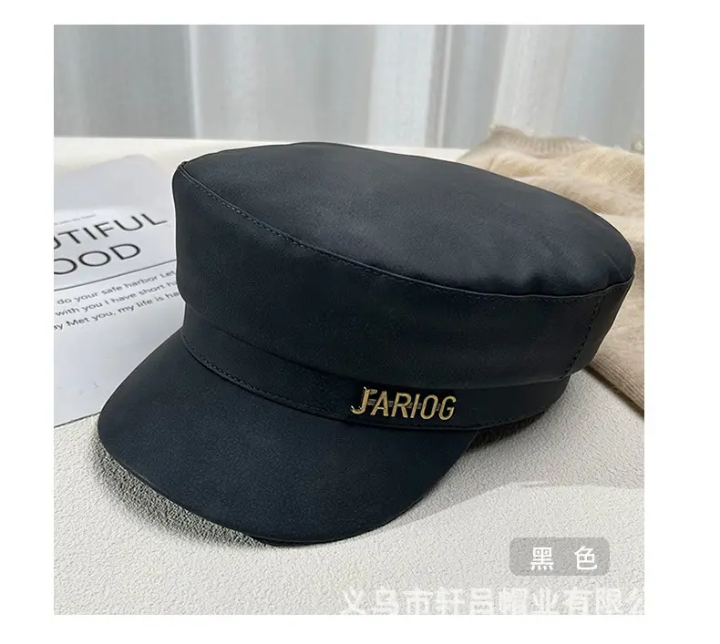 Women's Letter Label Flat Cap Navy Leather Duck Tongue Hat — feature 30