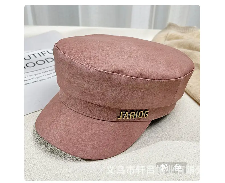Women's Letter Label Flat Cap Navy Leather Duck Tongue Hat — feature 31