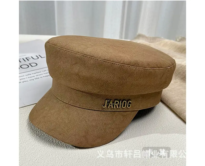 Women's Letter Label Flat Cap Navy Leather Duck Tongue Hat — feature 32