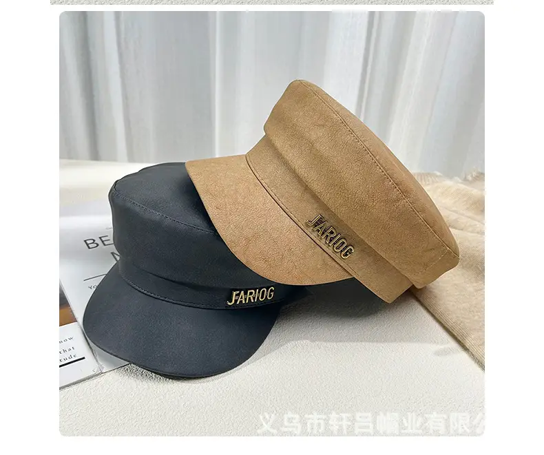 Women's Letter Label Flat Cap Navy Leather Duck Tongue Hat — feature 33