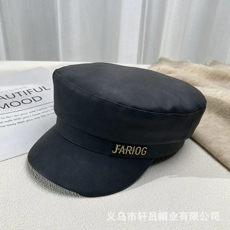 Women's Letter Label Flat Cap Navy Leather Duck Tongue Hat - Image 2