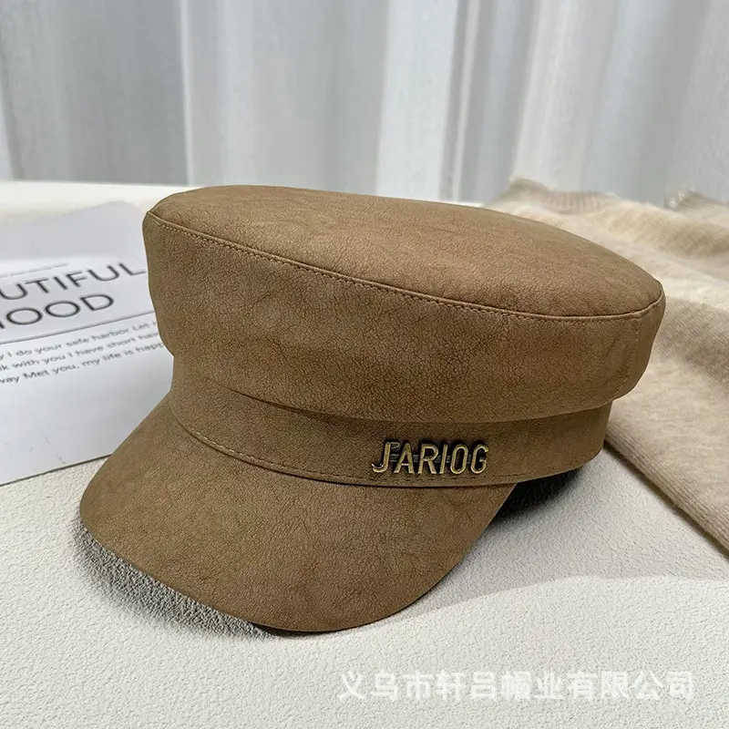Women's Letter Label Flat Cap Navy Leather Duck Tongue Hat - Image 3