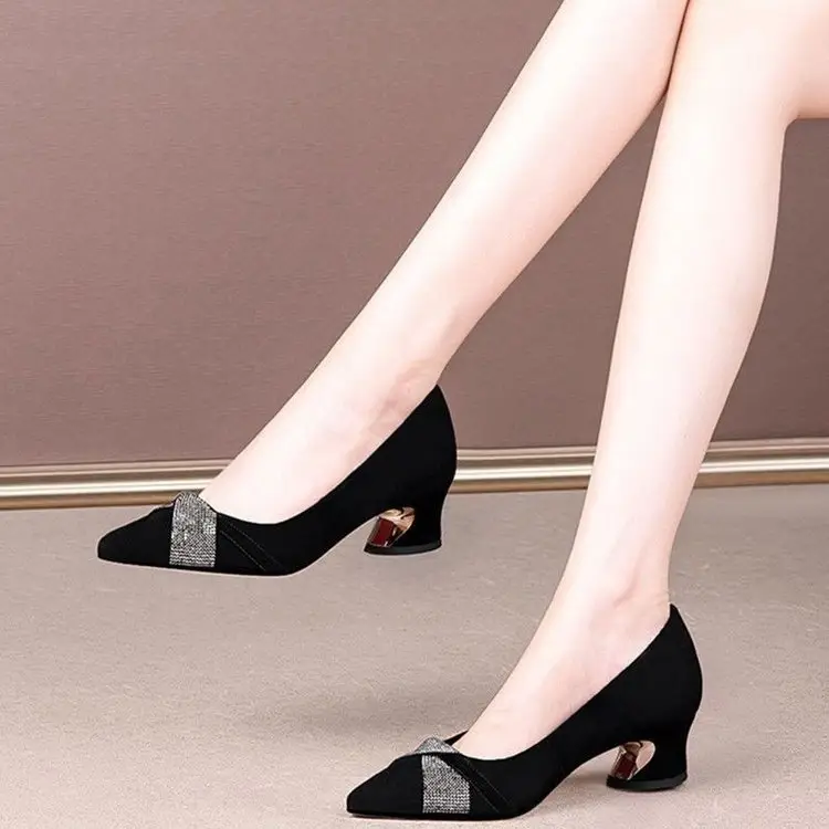 Women Rhinestone Pointed Heel Shoes Black Mid-heel 2024 - Image 3
