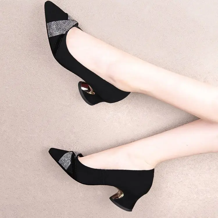 Women Rhinestone Pointed Heel Shoes Black Mid-heel 2024 - Image 4