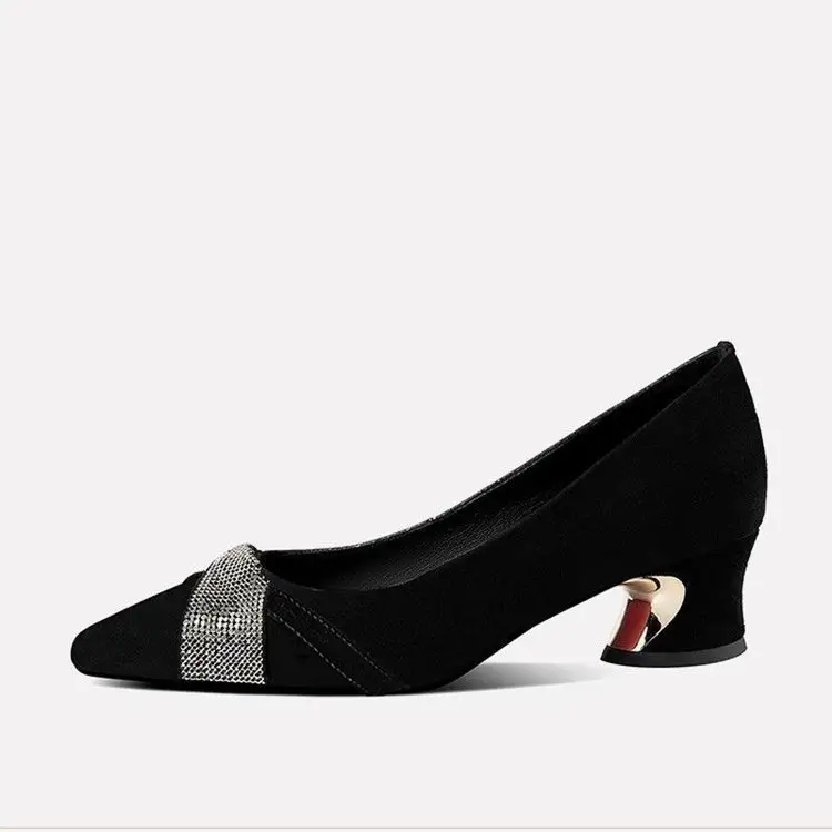 Women Rhinestone Pointed Heel Shoes Black Mid-heel 2024 - Image 5