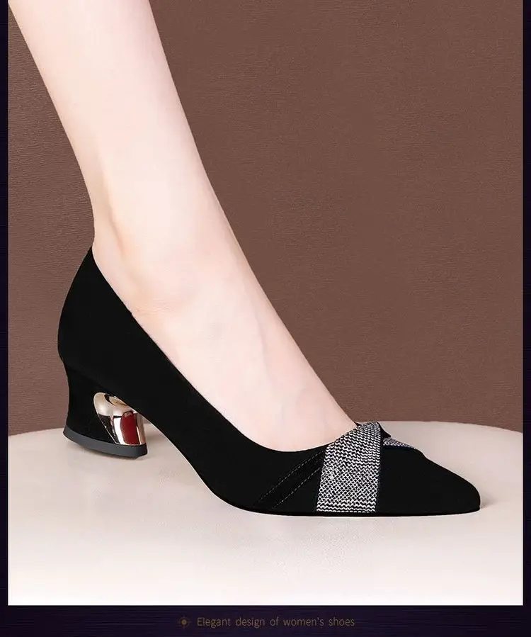 Women Rhinestone Pointed Heel Shoes Black Mid-heel 2024 — feature 1