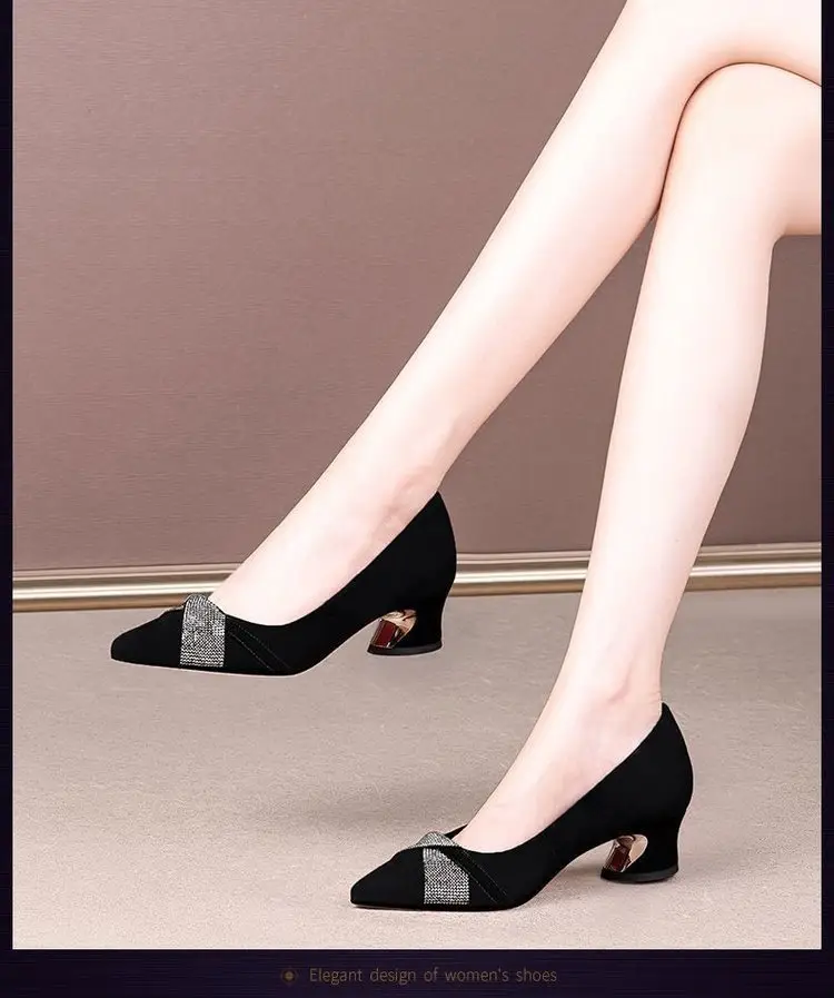 Women Rhinestone Pointed Heel Shoes Black Mid-heel 2024 — feature 2