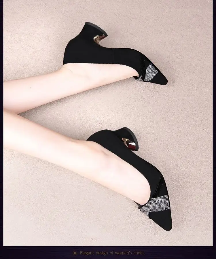 Women Rhinestone Pointed Heel Shoes Black Mid-heel 2024 — feature 4