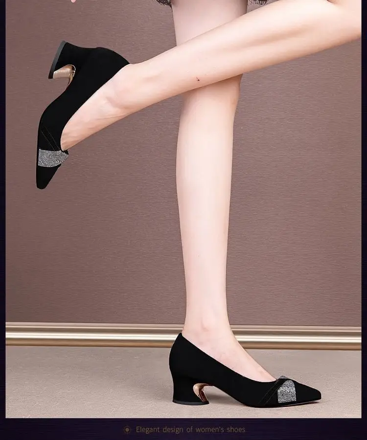 Women Rhinestone Pointed Heel Shoes Black Mid-heel 2024 — feature 5
