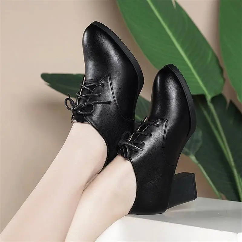 2024 autumn new thick heel pointed lace-up shoes fashion black all-match middle-aged mother shoes small leather shoes - Image 3