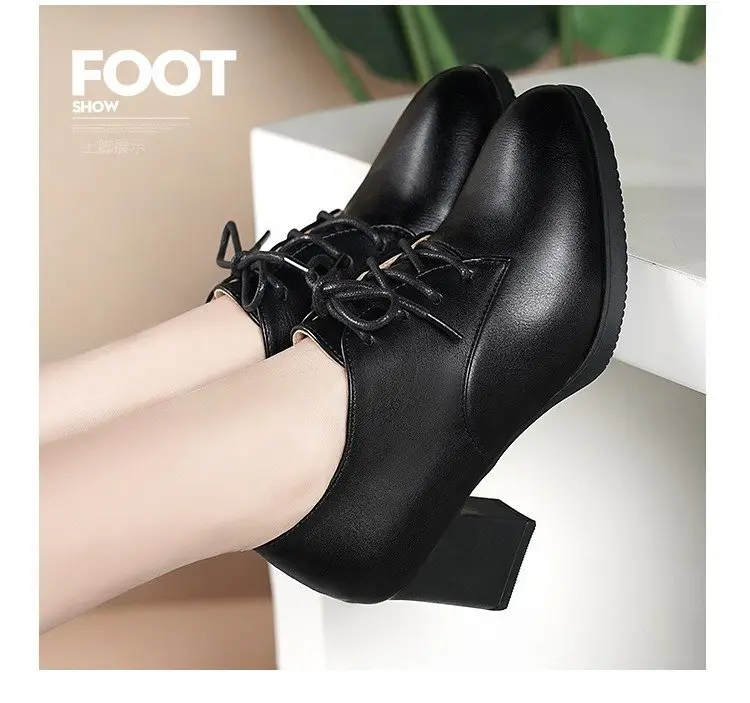 2024 autumn new thick heel pointed lace-up shoes fashion black all-match middle-aged mother shoes small leather shoes — feature 4