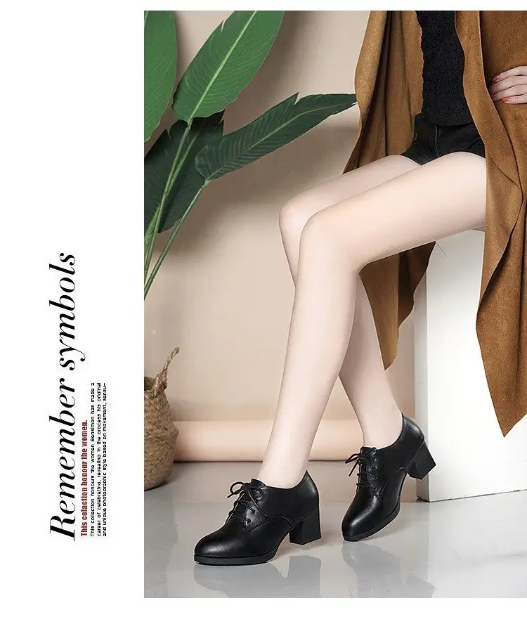 2024 autumn new thick heel pointed lace-up shoes fashion black all-match middle-aged mother shoes small leather shoes — feature 5